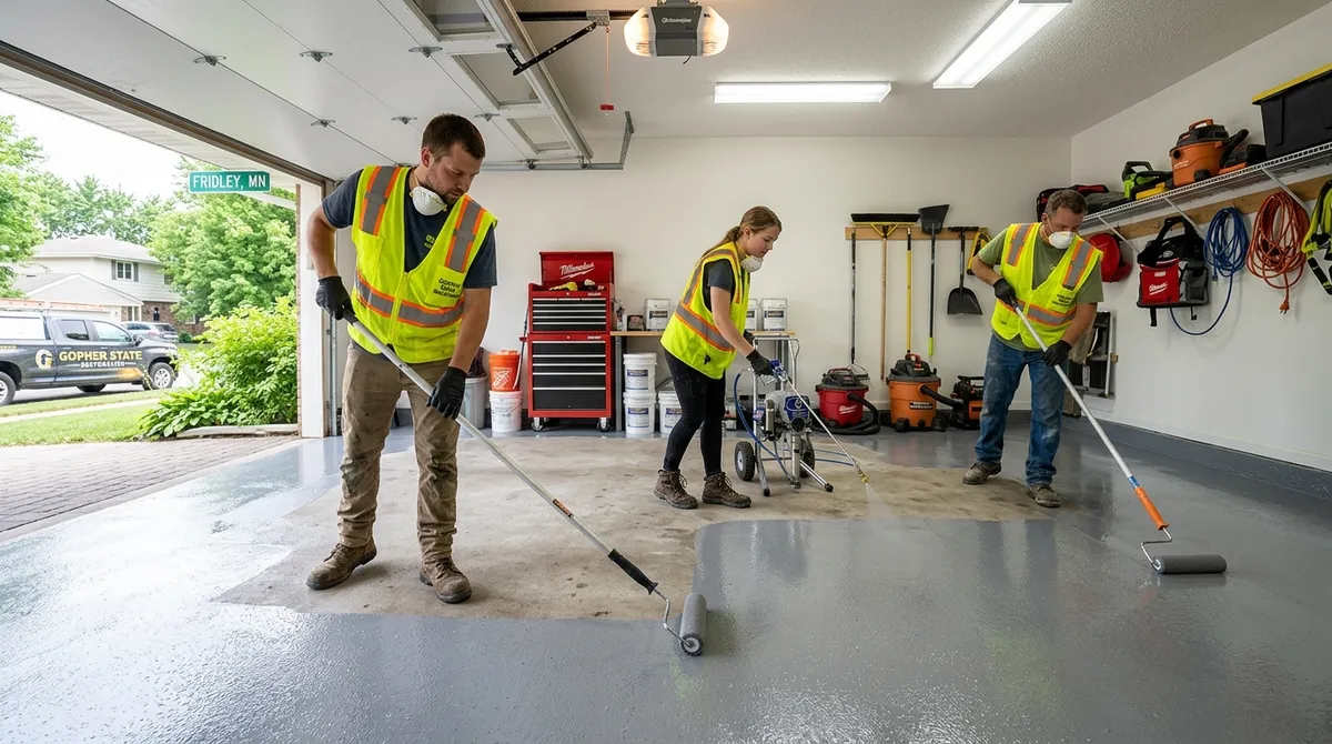 ATR Concrete Technologies crew applying concrete coatings in a residential garage