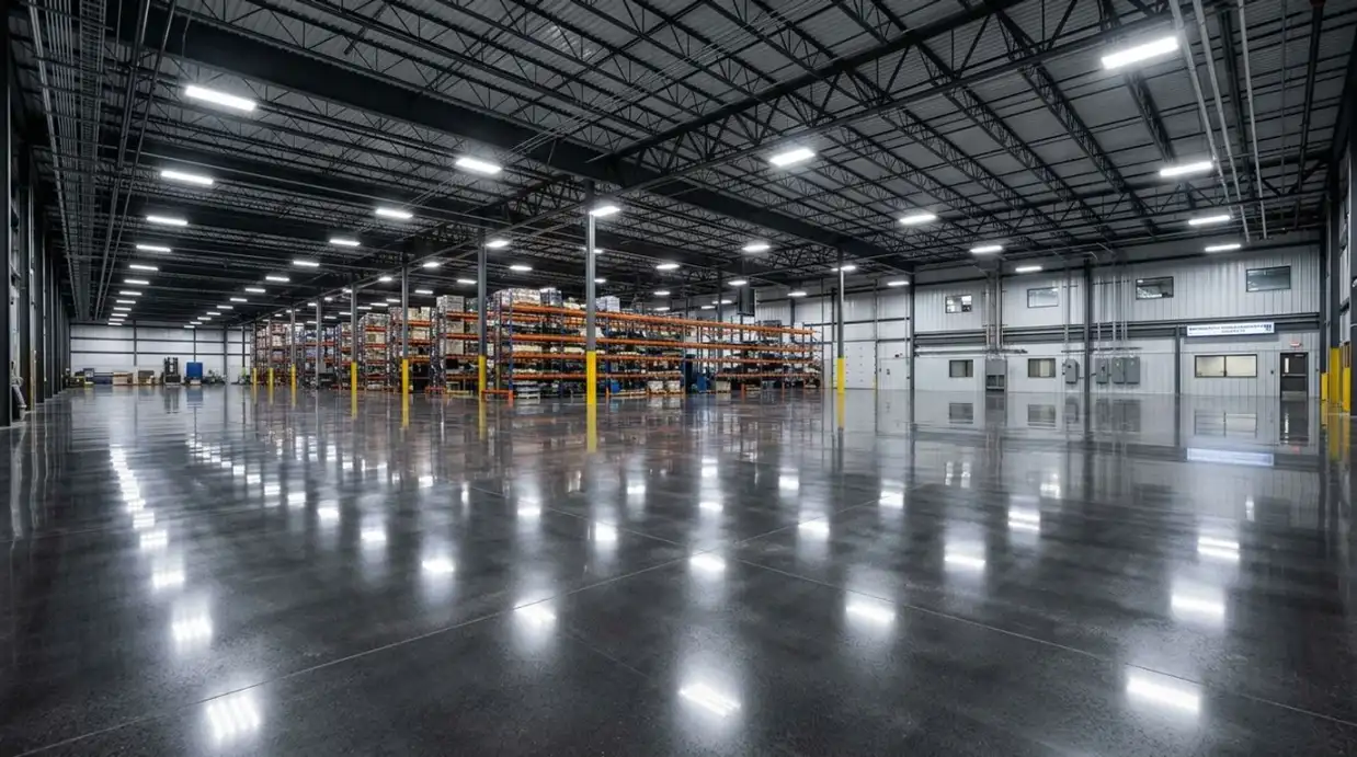 Completed polished concrete floor in a commercial warehouse