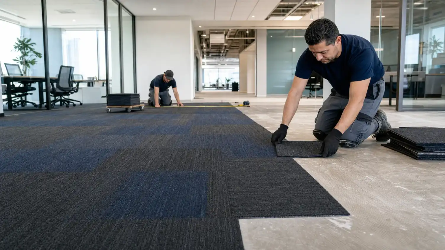 Commercial carpet tile installation in a modern office