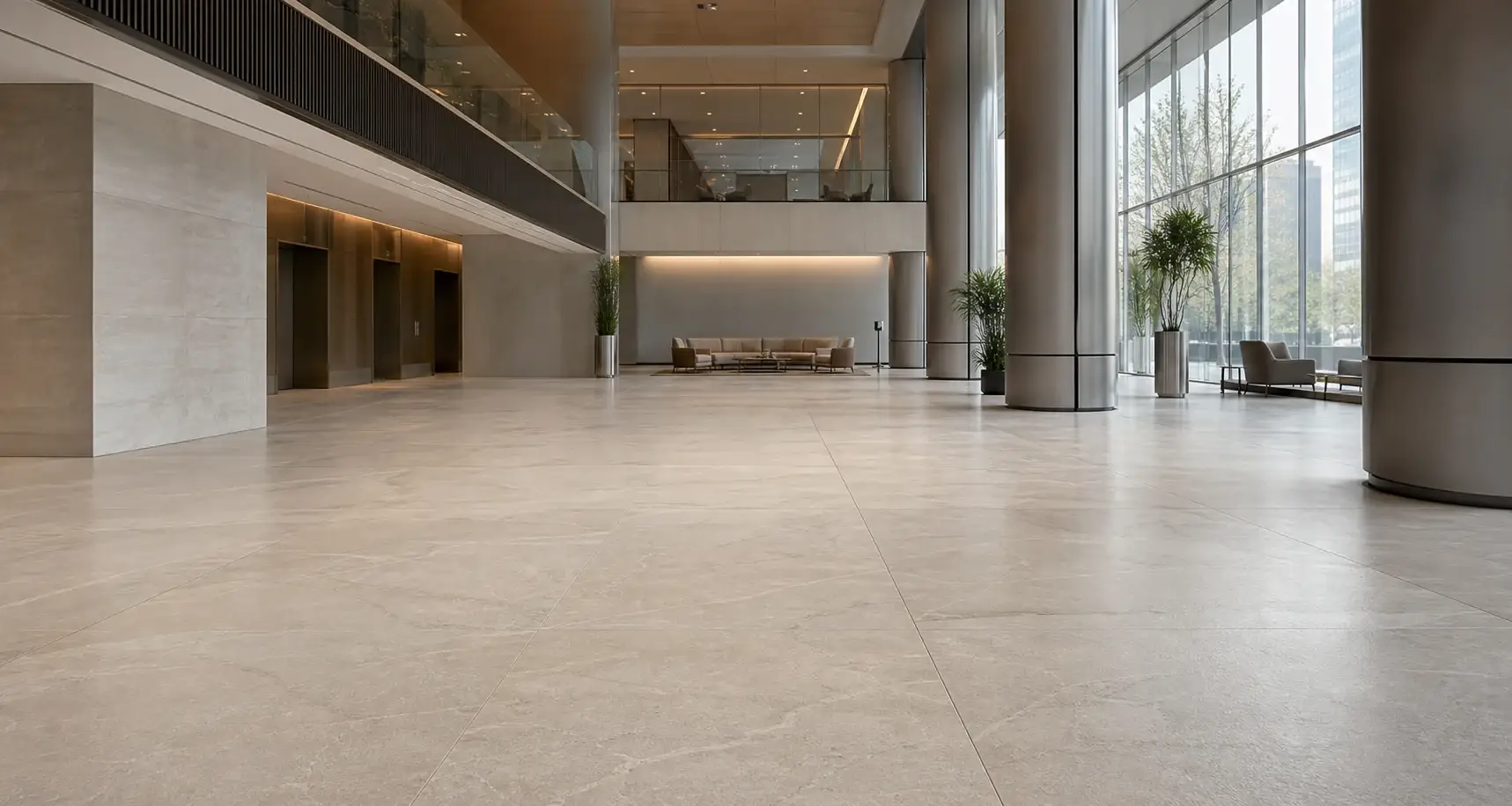 Oversized porcelain floor panels in a spacious commercial atrium