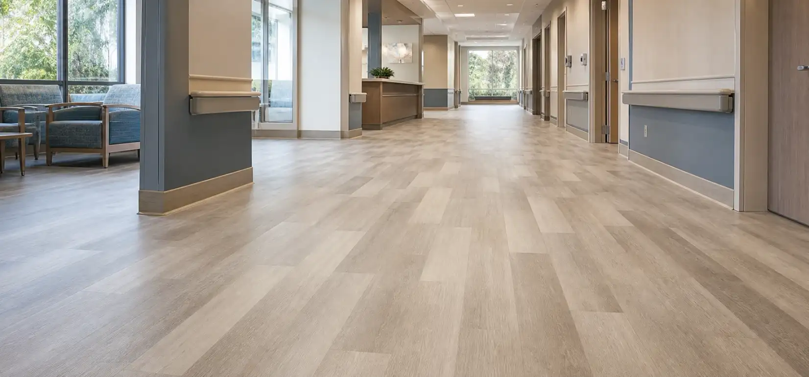 Commercial resilient LVT flooring in a modern healthcare corridor