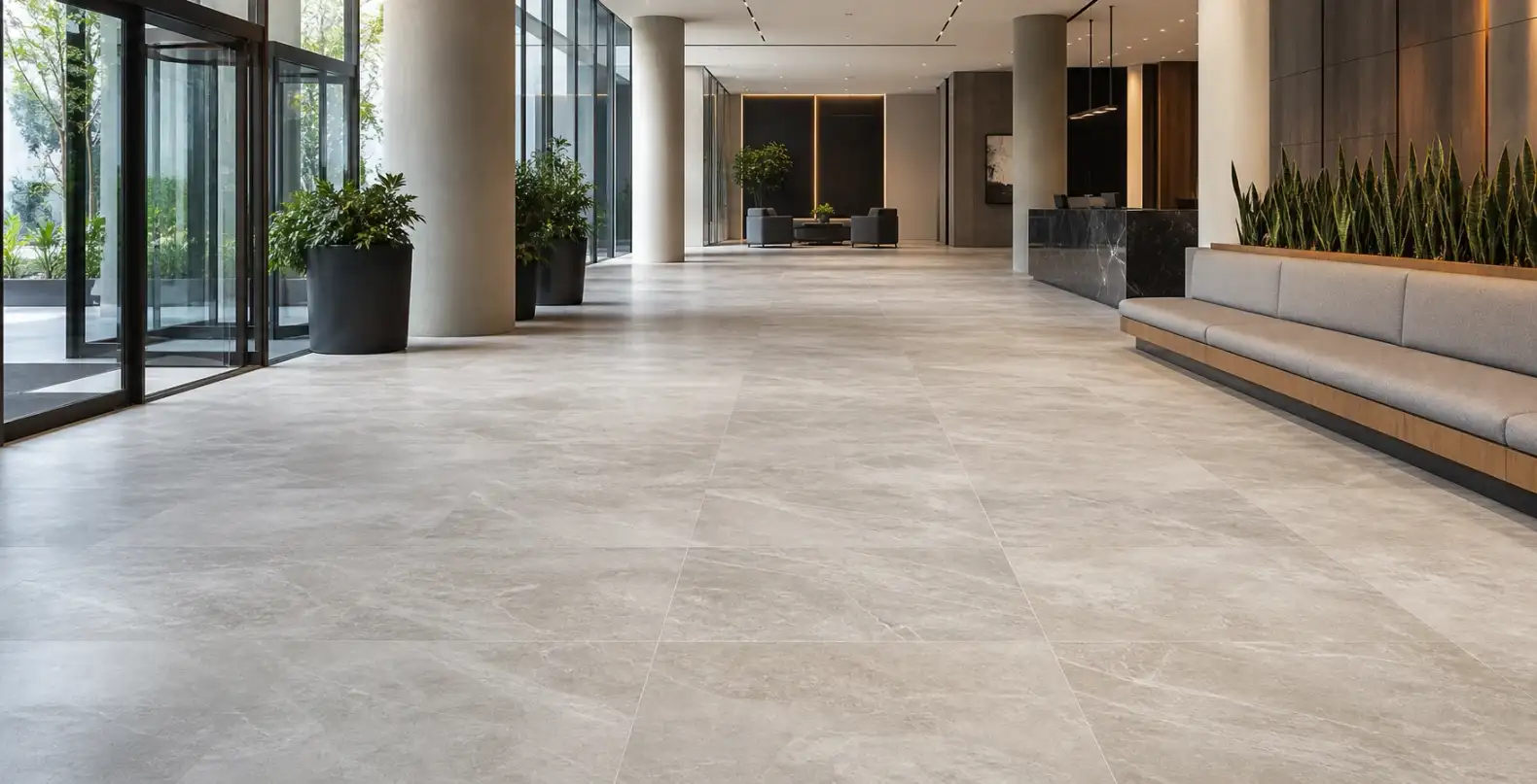 Large-format porcelain tile flooring in a modern commercial lobby