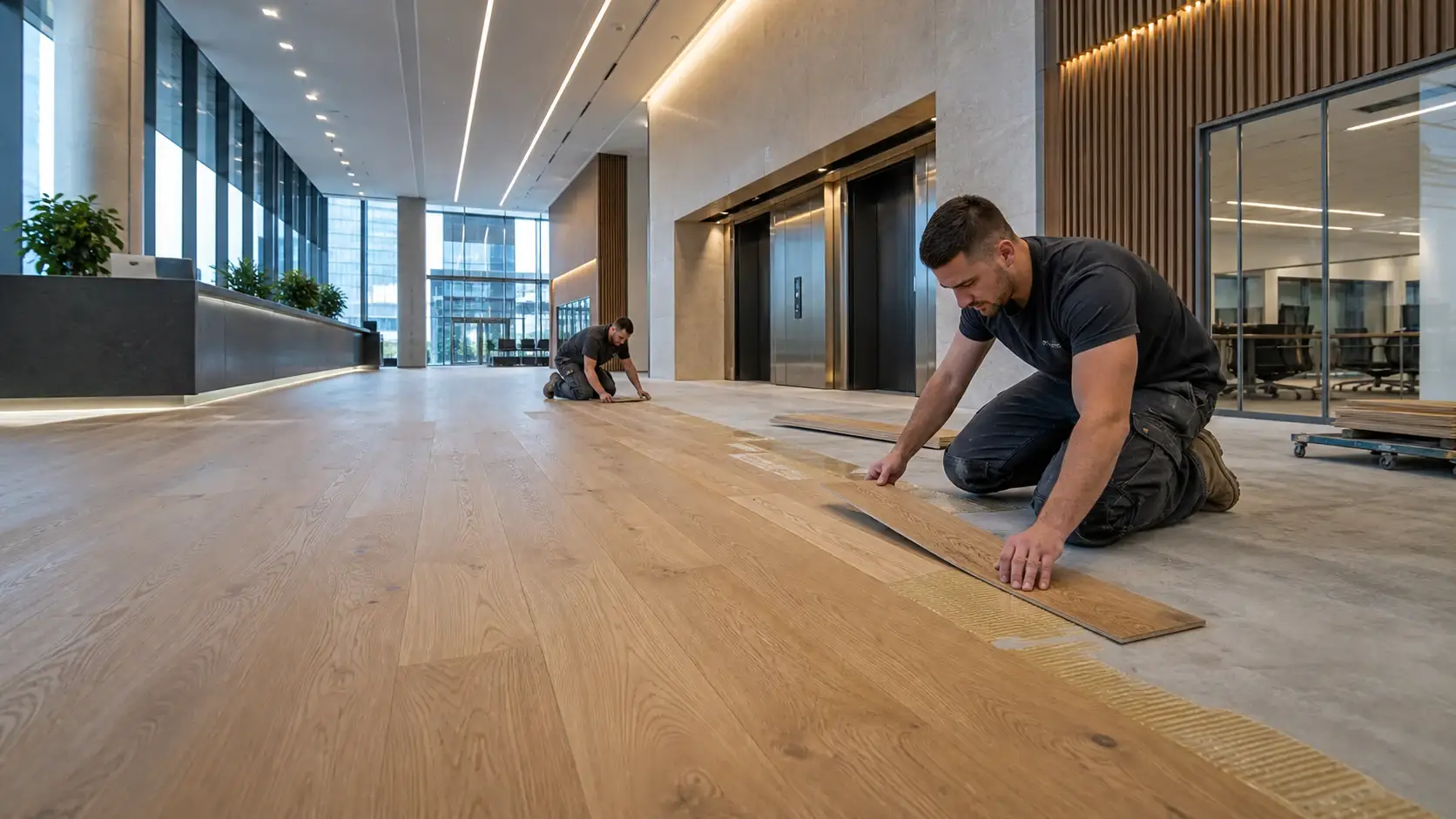 Commercial engineered wood flooring installation in a corporate lobby