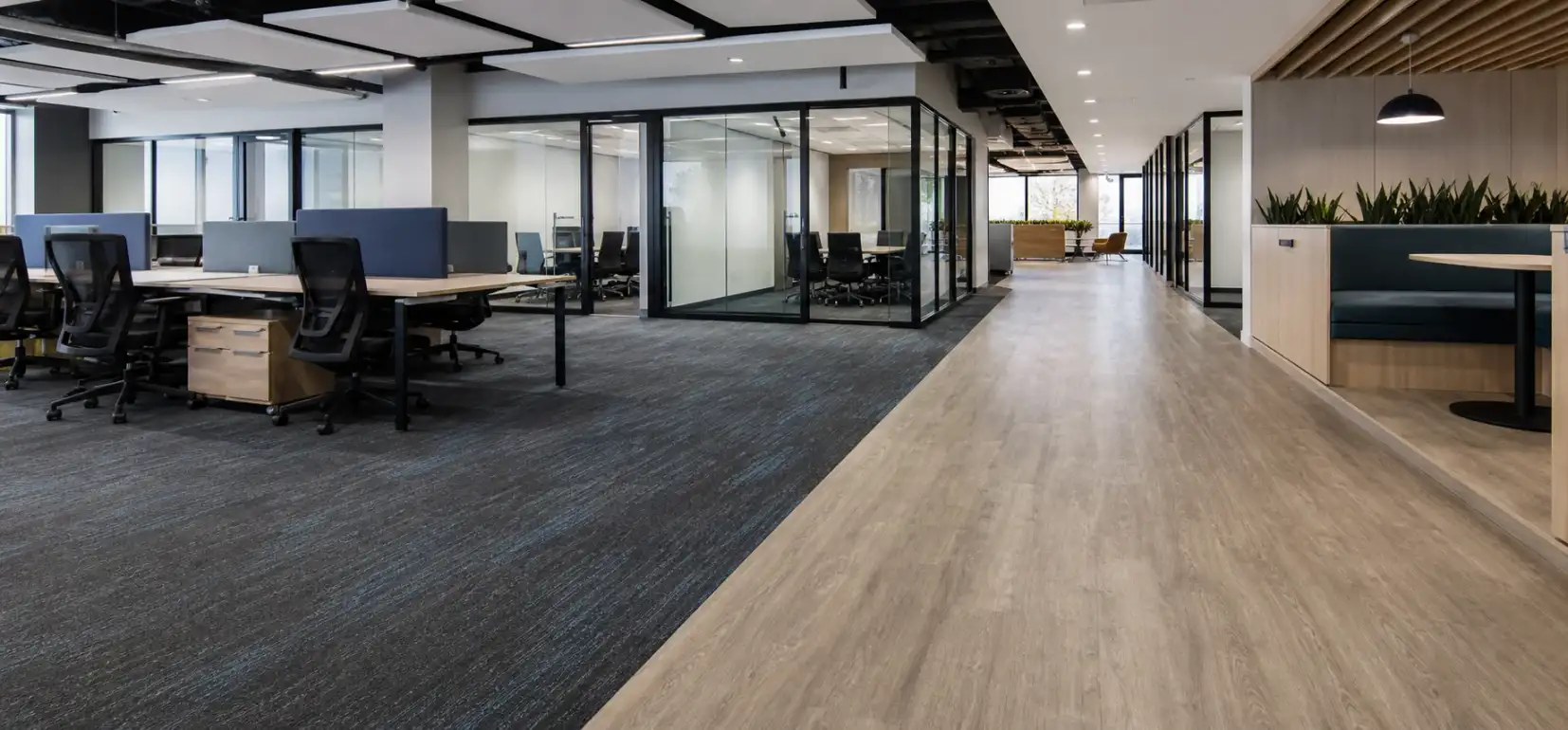 Commercial carpet tile and LVT flooring in a modern office tenant improvement