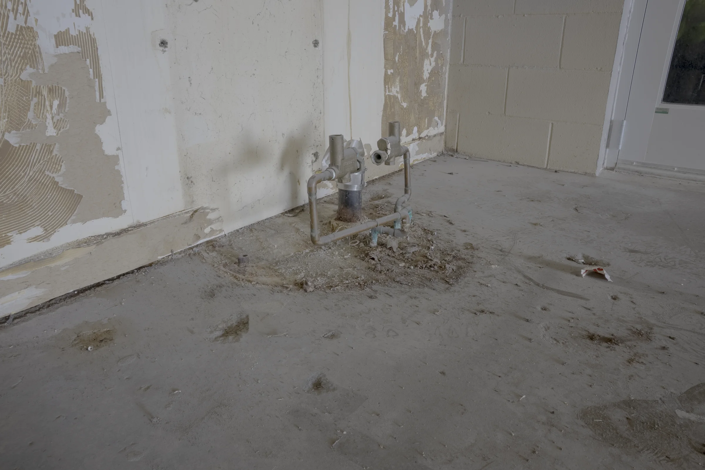 Cracked, stained concrete around a floor drain with peeling wall coating before repair