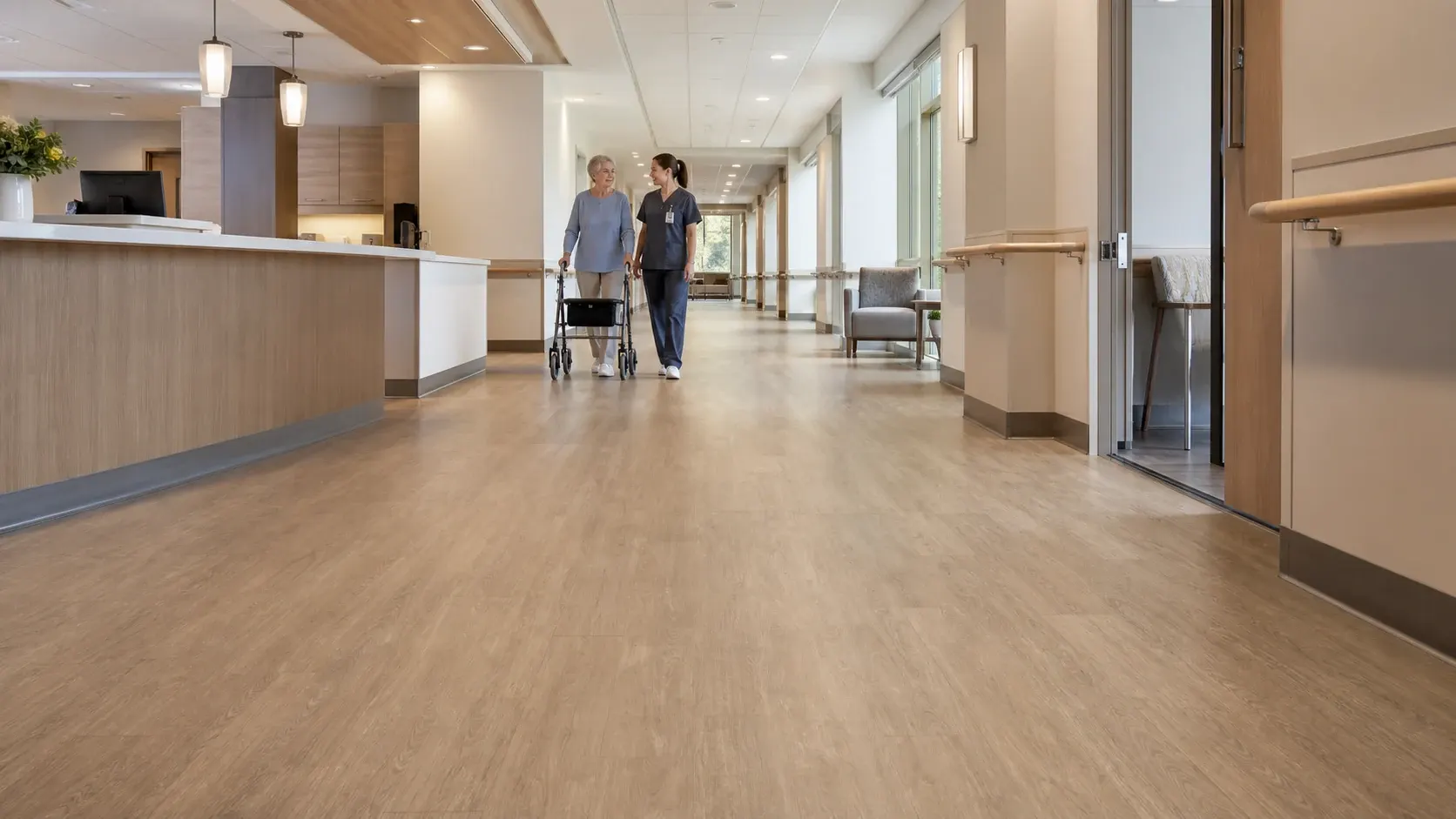 ATR Concrete Technologies V2 Slip-resistant resilient flooring in a senior living healthcare corridor